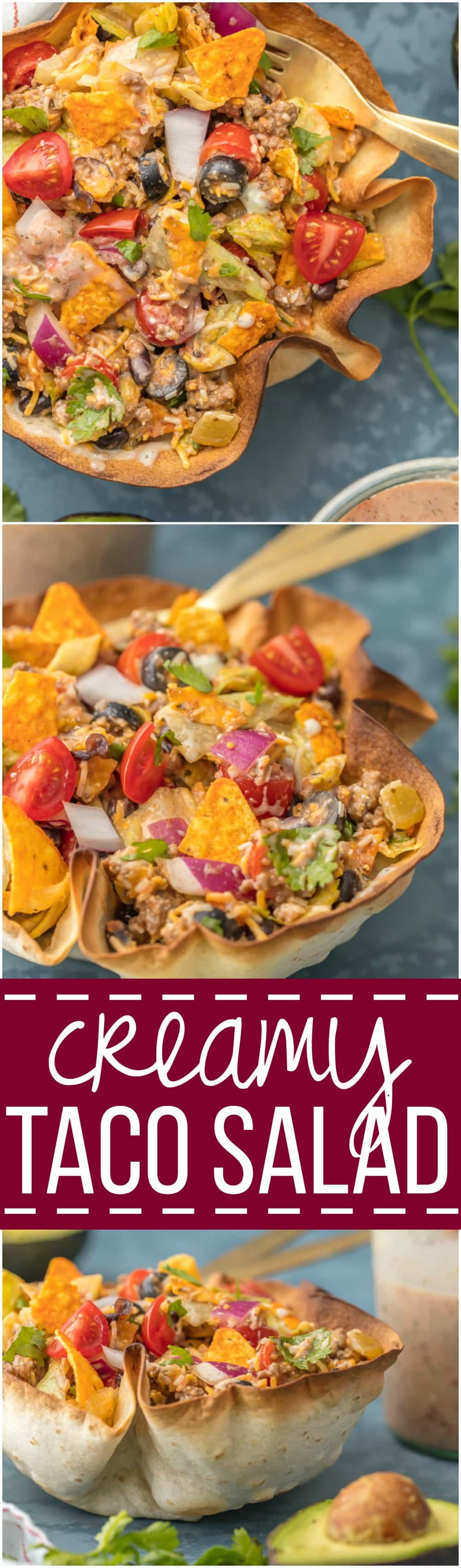 We love this CREAMY TACO SALAD any night of the week. With a homemade tortilla bowl and loaded with all the toppings, it can't be beat.