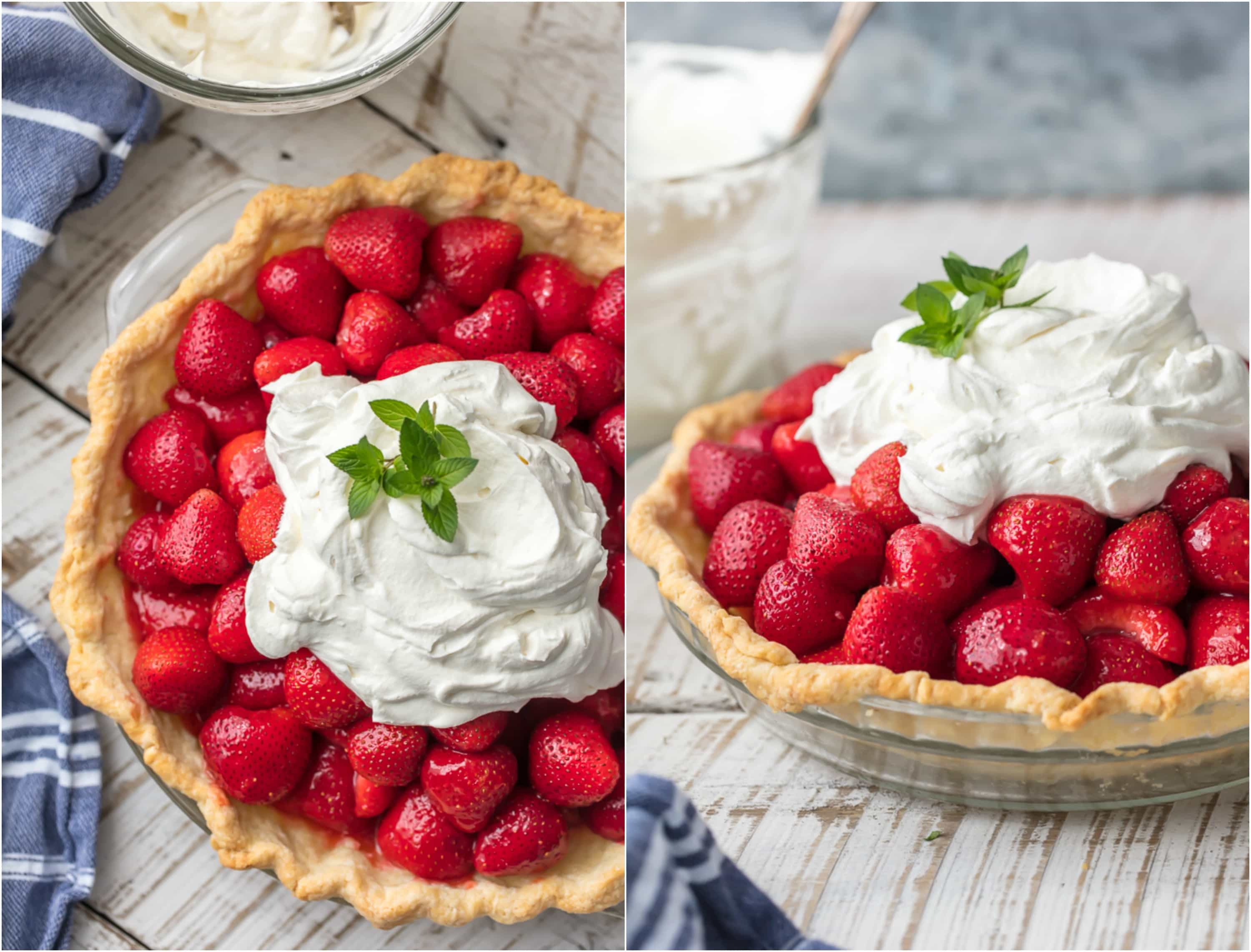 photo collage of fresh strawberry pie on table