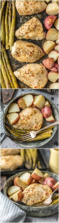 This ONE PAN HONEY GARLIC CHICKEN AND VEGETABLES is the ultimate weeknight meal. This easy dinner creates the most tender chicken, potatoes, and asparagus. Bonus, only one sheet pan to clean!