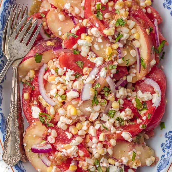 Peach Corn Tomato Salad with Spicy Honey Vinaigrette