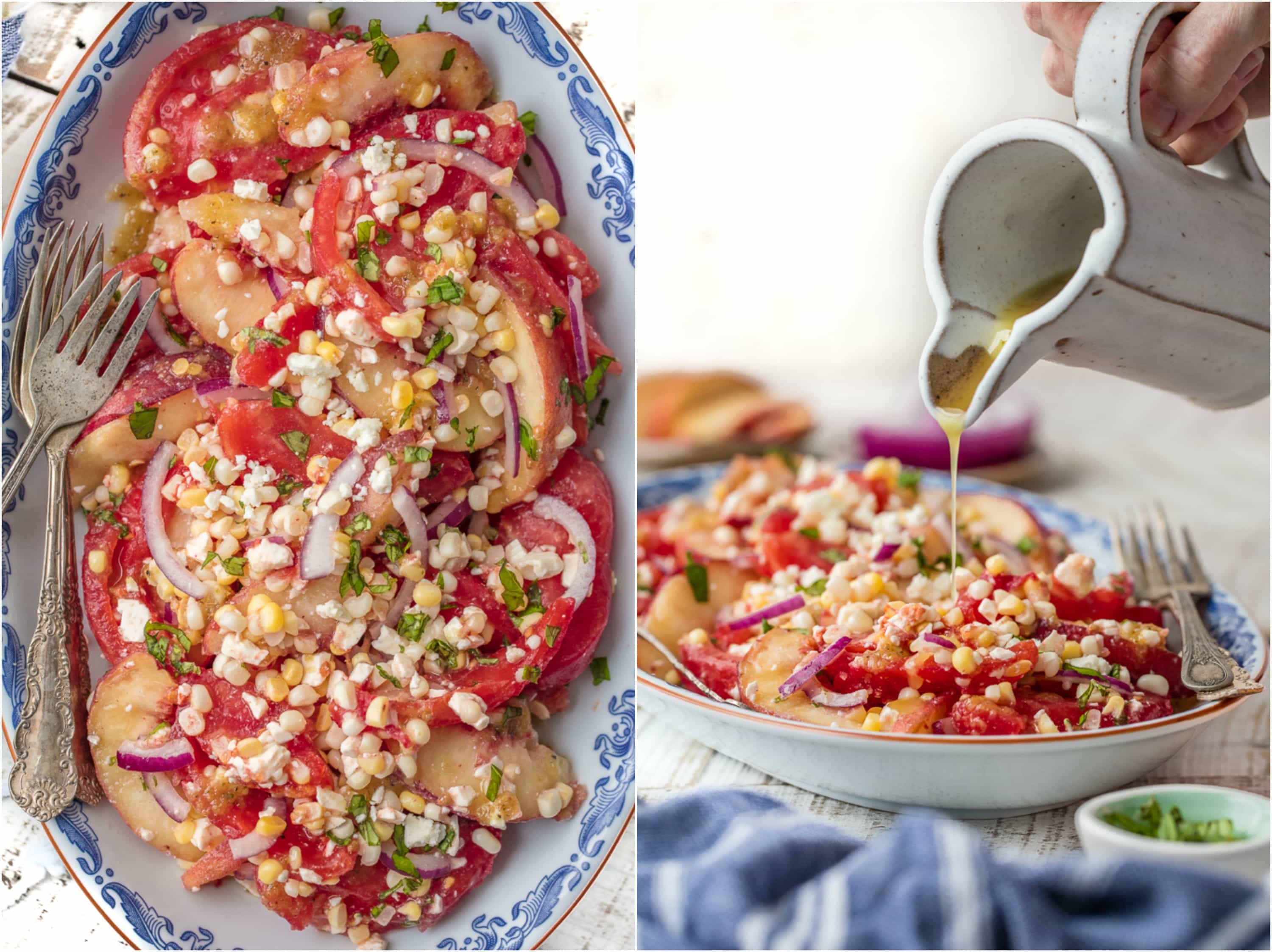 This PEACH TOMATO CORN SALAD WITH SPICY HONEY VINAIGRETTE is so fresh, delicious, and easy. Make it as a side or a meal, its delicious throughout the day. SO MUCH FLAVOR.