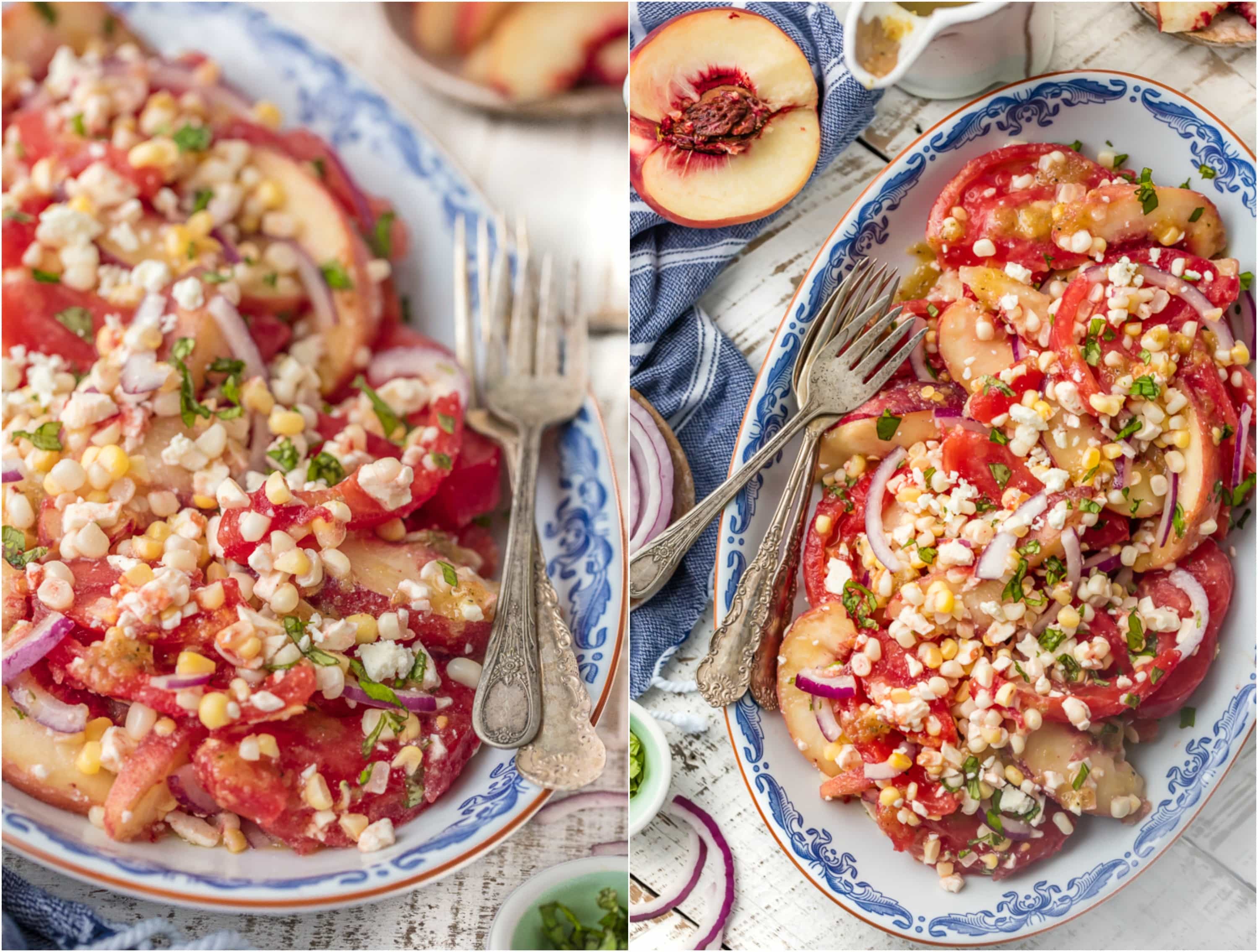 This PEACH TOMATO CORN SALAD WITH SPICY HONEY VINAIGRETTE is so fresh, delicious, and easy. Make it as a side or a meal, its delicious throughout the day. SO MUCH FLAVOR.