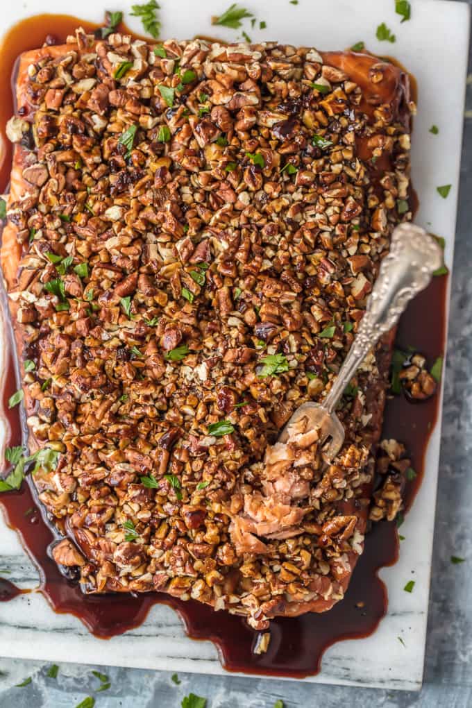 Bourbon marinated salmon topped with a pecan crust
