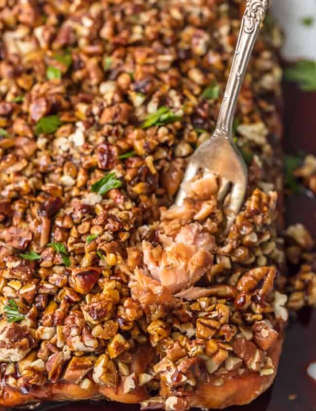 This PECAN CRUSTED HONEY BOURBON SALMON is ultra delicious and easy! The perfect family meal with all of the flavor and none of the fuss.