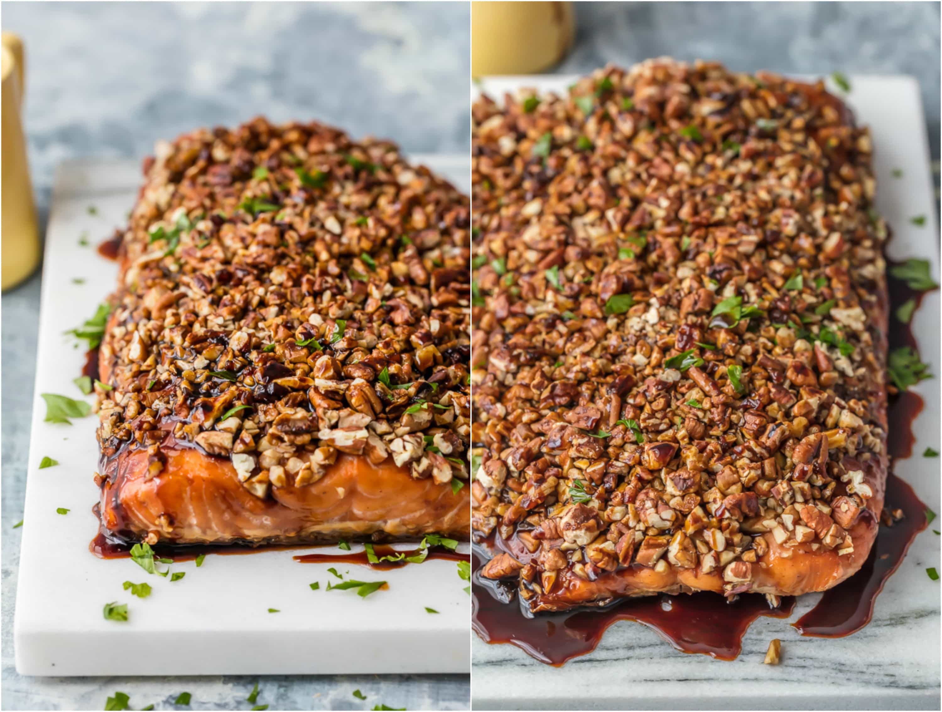 This PECAN CRUSTED HONEY BOURBON SALMON is ultra delicious and easy! The perfect family meal with all of the flavor and none of the fuss.