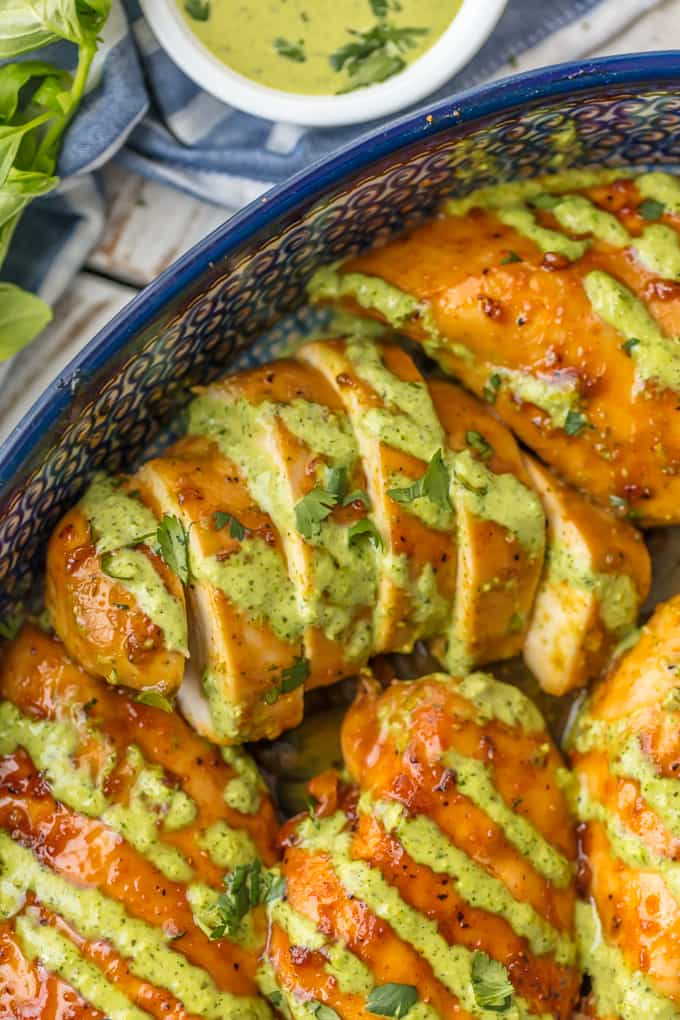 Close up of Peruvian Chicken Recipe in baking dish