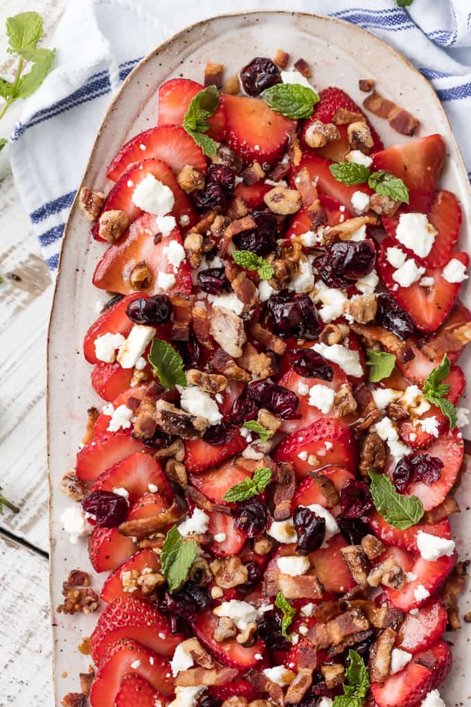 Strawberry Salad with bacon, feta, cranberries, and more