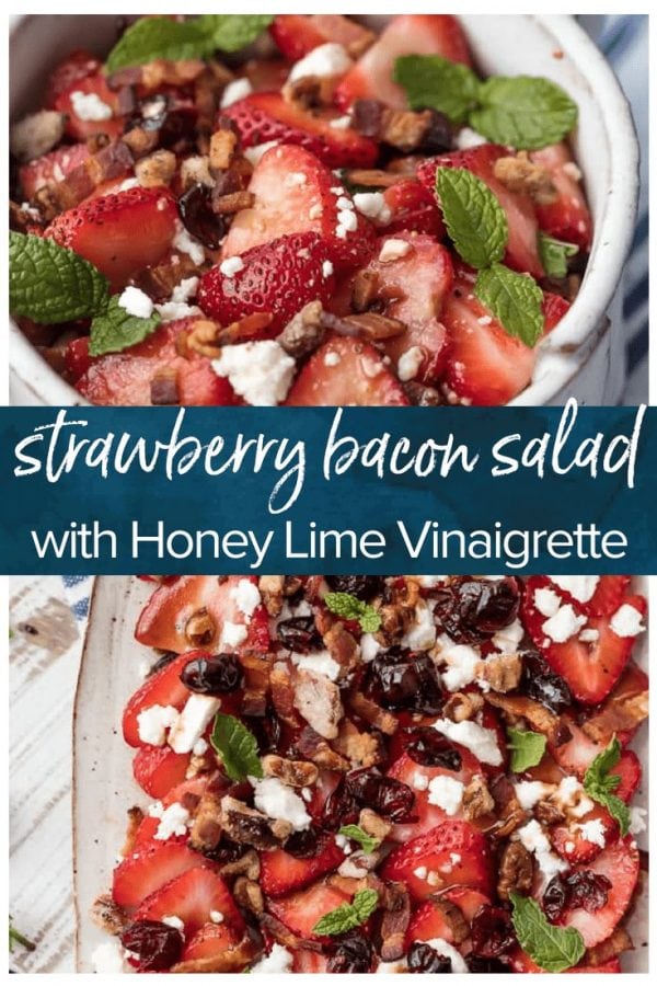 This STRAWBERRY BACON SALAD with HONEY LIME BALSAMIC VINAIGRETTE salad dressing is the perfect salad for summer. Fresh, sweet, savory, and rich, with feta, pecans, and mint on top.