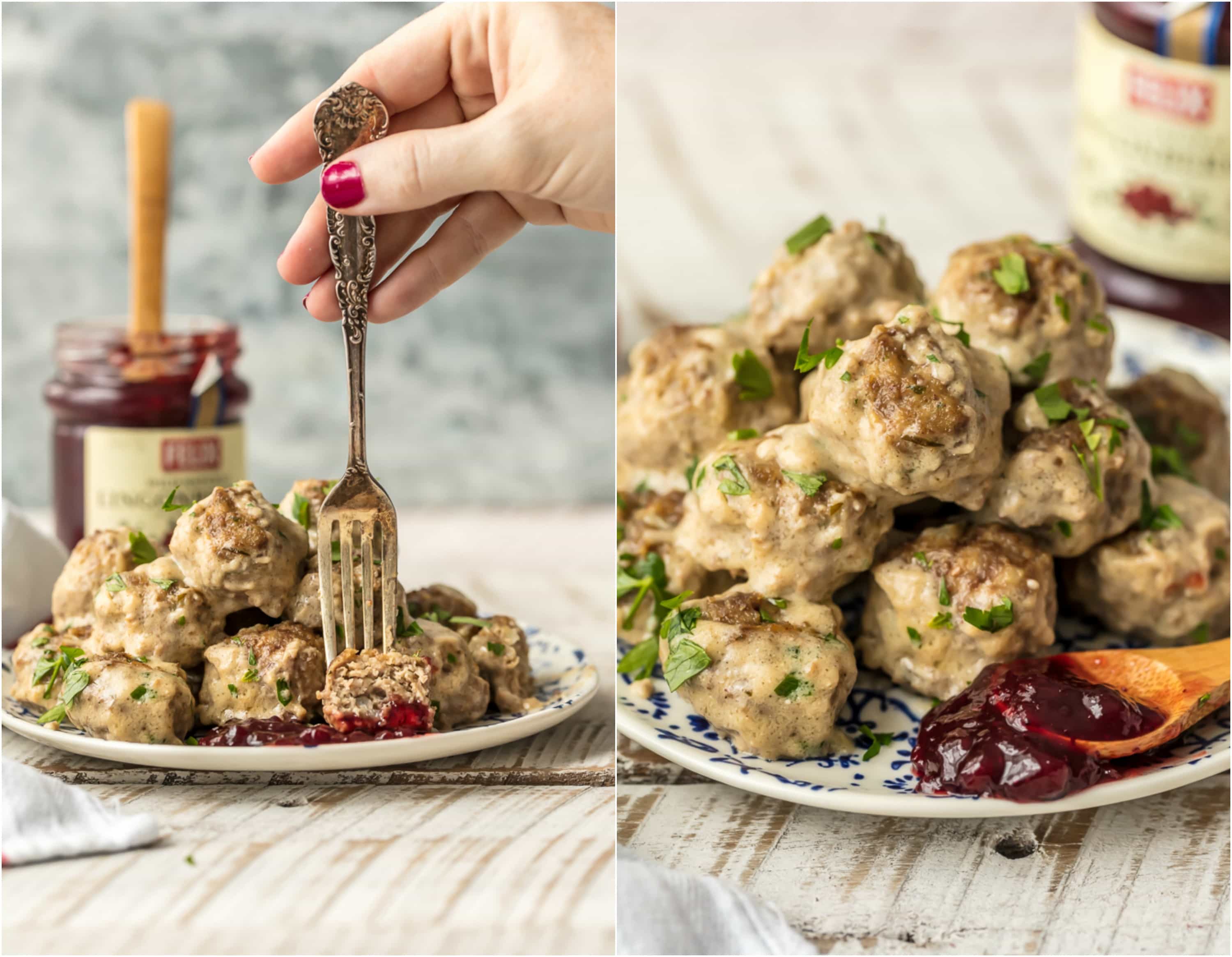 Swedish Meatballs are something every type of cook from home cook to master chef should know how to make. An amazing SWEDISH MEATBALLS recipe can knock anyone's socks off and leave everyone wanting more. Eat them as an appetizer for the perfect party snack or over noodles for a delicious meal. This Swedish Meatball Sauce is everything! picking up swedish meatballs with fork and dipping in lingonberry jam