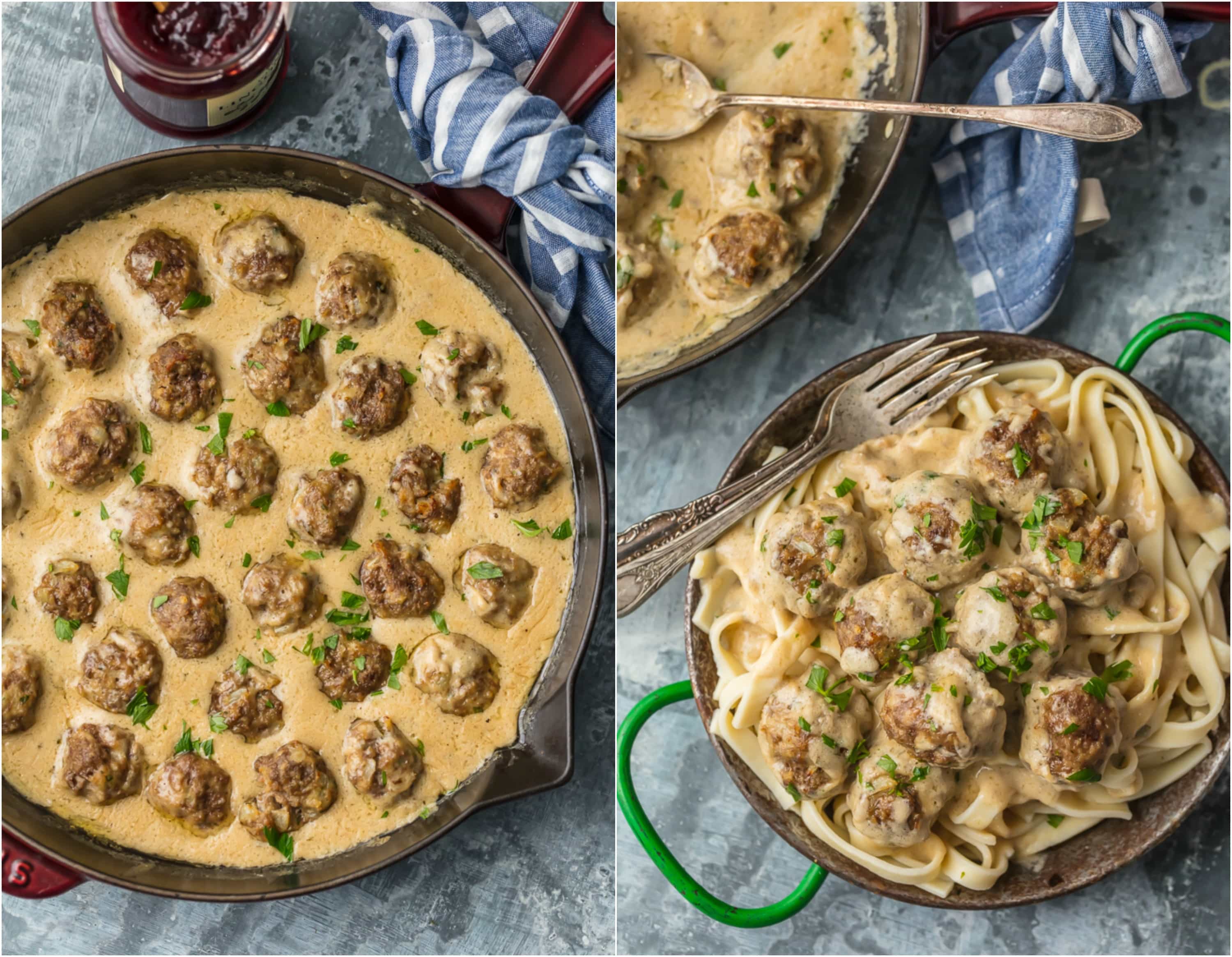 Swedish Meatballs are something every type of cook from home cook to master chef should know how to make. An amazing SWEDISH MEATBALLS recipe can knock anyone's socks off and leave everyone wanting more. Eat them as an appetizer for the perfect party snack or over noodles for a delicious meal. This Swedish Meatball Sauce is everything! swedish meatballs in a skillet and swedish meatballs over pasta in sauce