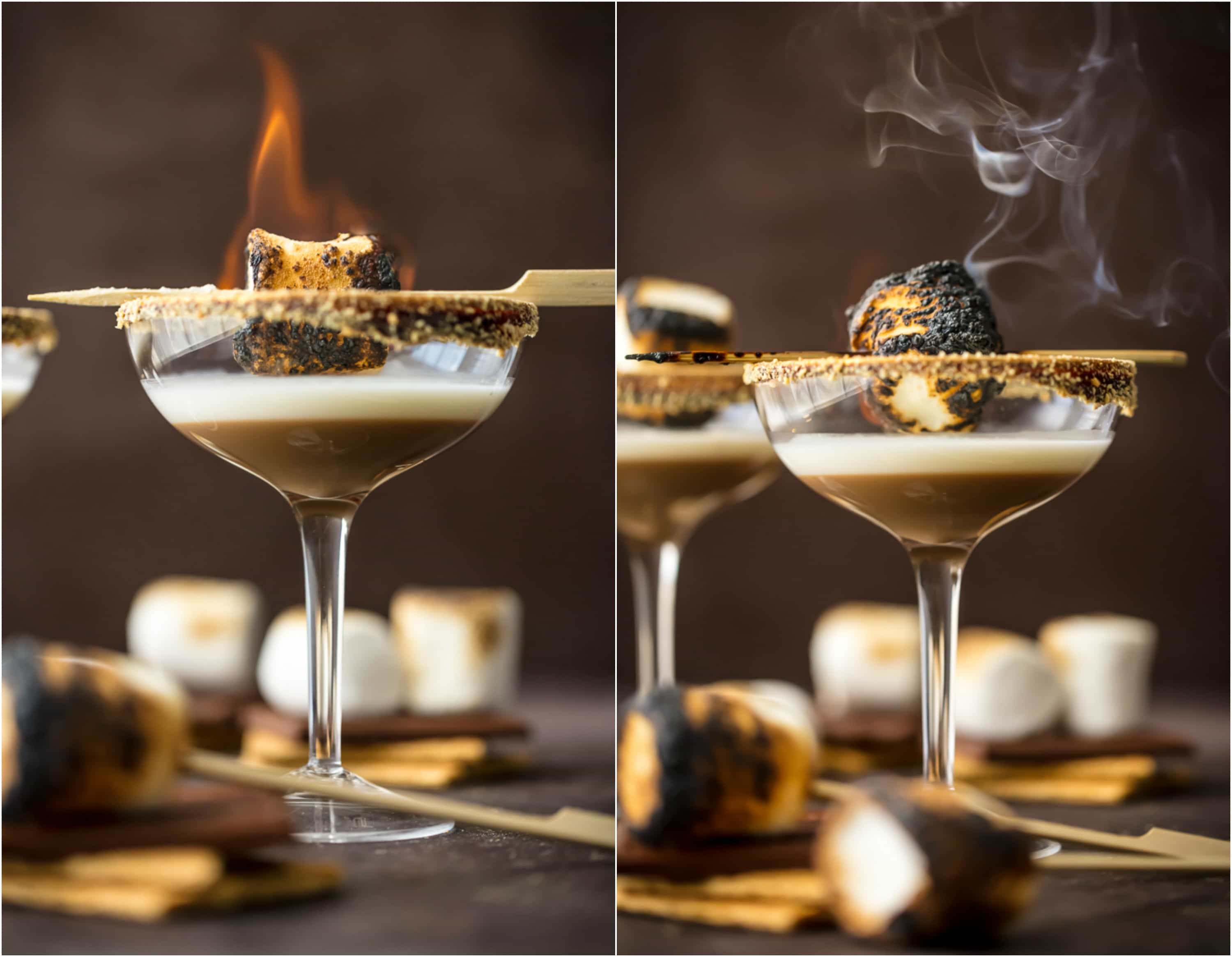 marshmallow being toasted in cocktail