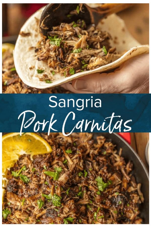 SANGRIA PORK CARNITAS are tasty, juicy, and SO flavorful! I made this pork carnitas recipe in a slow cooker and finished them in a skillet. This made them taste crispy, juicy, and unique. The flavor of these slow cooker pork carnitas is out of this world! Eat them on their own, over rice, on nachos, or as tacos. You can't go wrong, except for not trying this recipe.