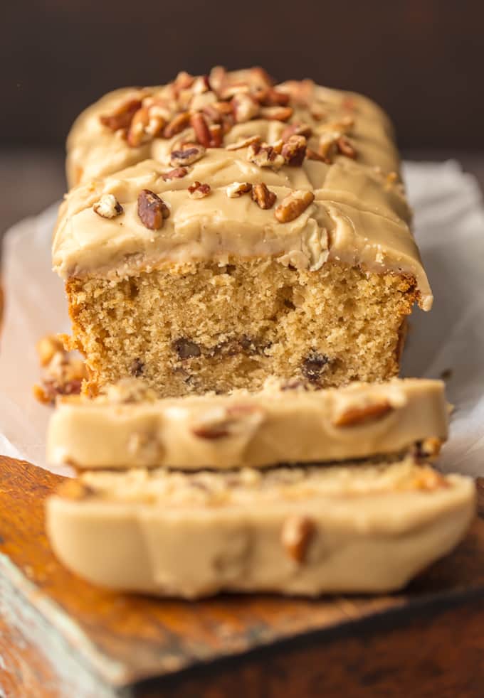 Brown Sugar Pound Cake topped with brown sugar icing and pecans