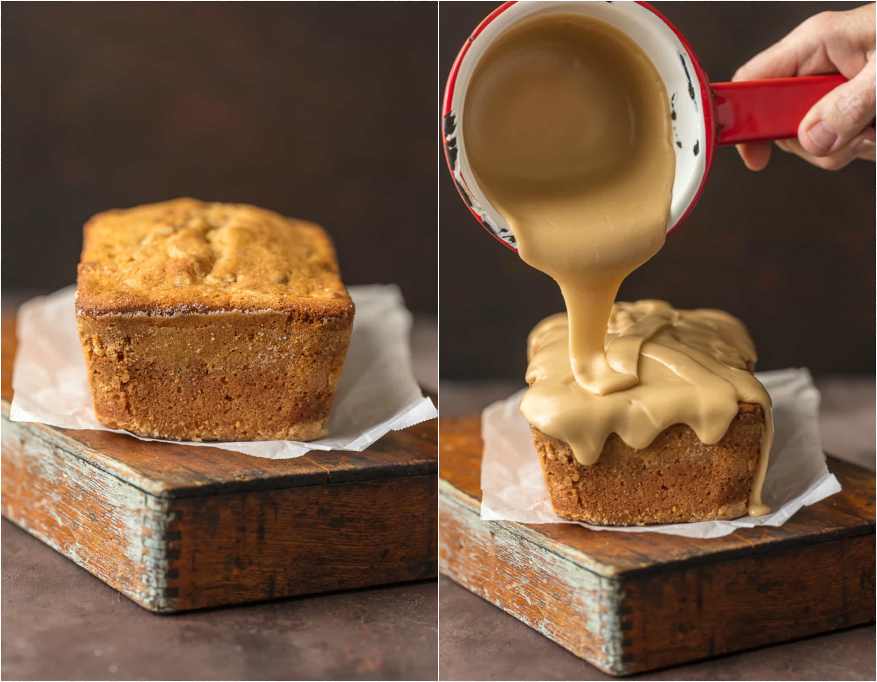 Brown Sugar icing being poured onto a brown sugar pound cake