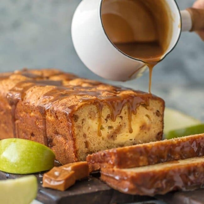 loaf of bread with caramel being poured on top