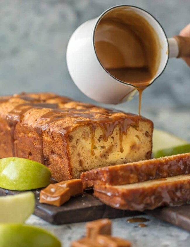 loaf of bread with caramel being poured on top