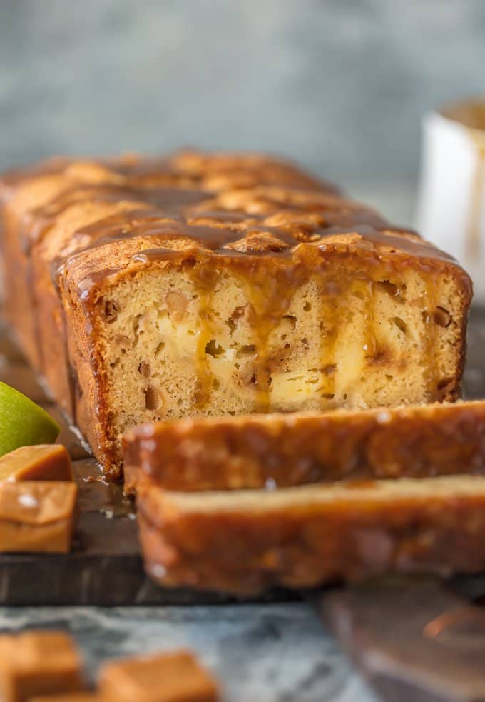 Sliced caramel apple bread on a cutting board