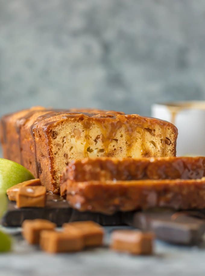 Apple bread topped with caramel glaze