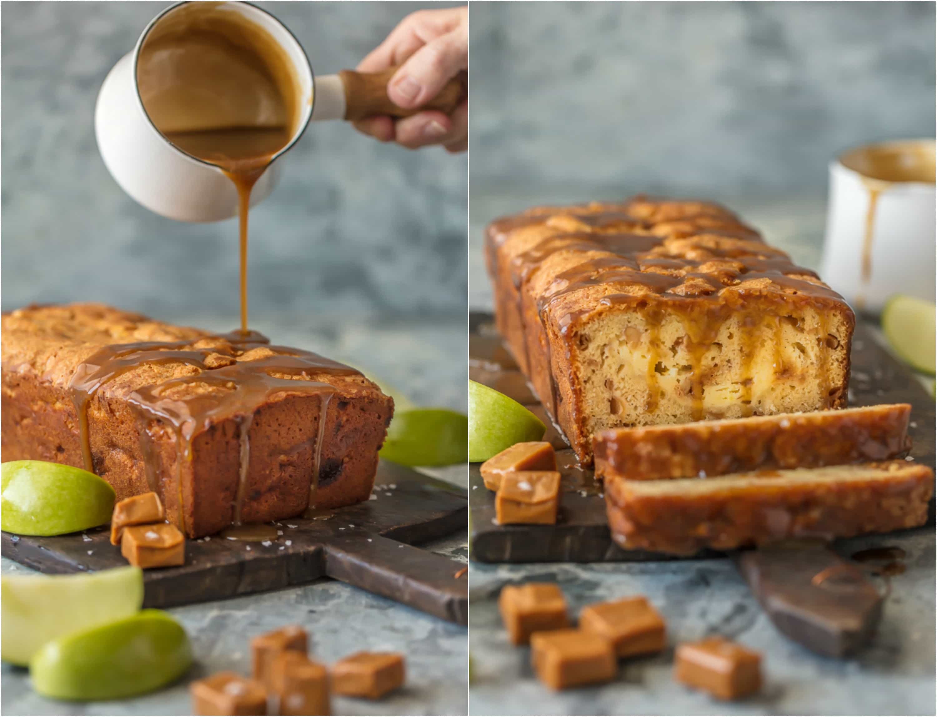 caramel cheesecake stuffed apple bread being drizzled with caramel