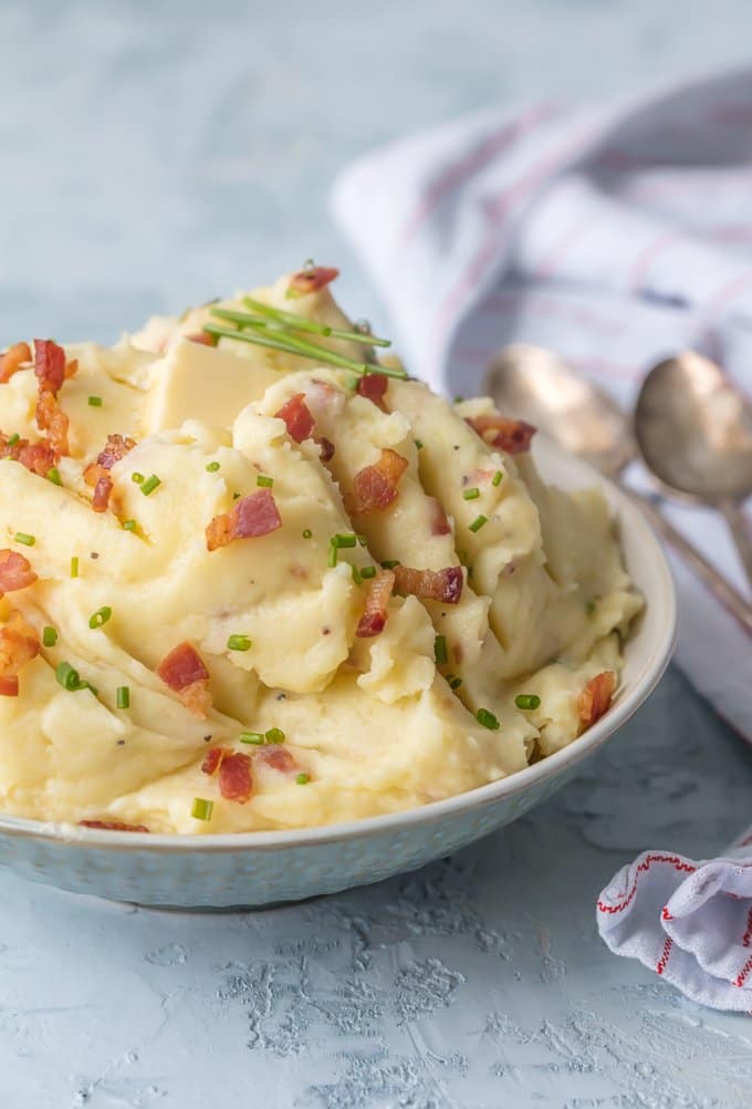 Cheesy Mashed Potatoes garnished with bacon