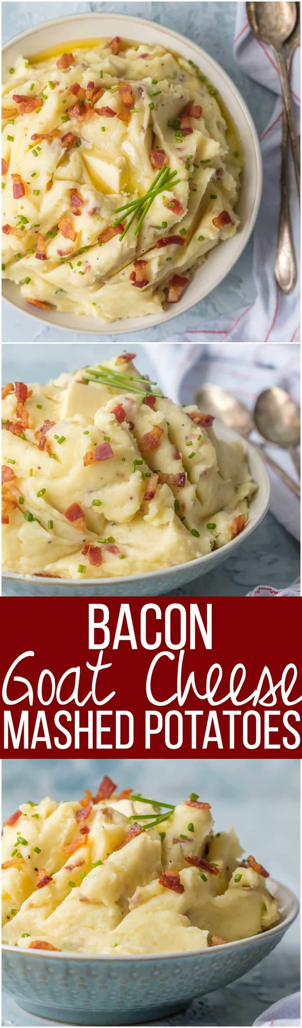 Every Thanksgiving table needs BACON GOAT CHEESE MASHED POTATOES! These are our favorite mashed potatoes and are always a crowd pleaser. So creamy, flavorful, and delicious. THE BEST cheesy mashed potato recipe!