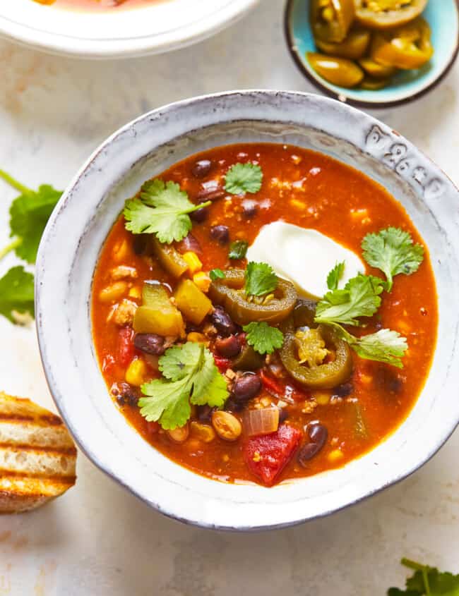 bowl of turkey chili with cilantro