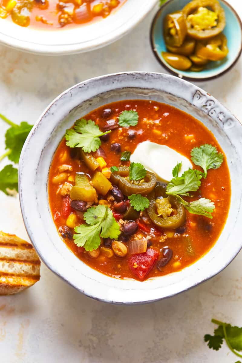 bowl of turkey chili with cilantro