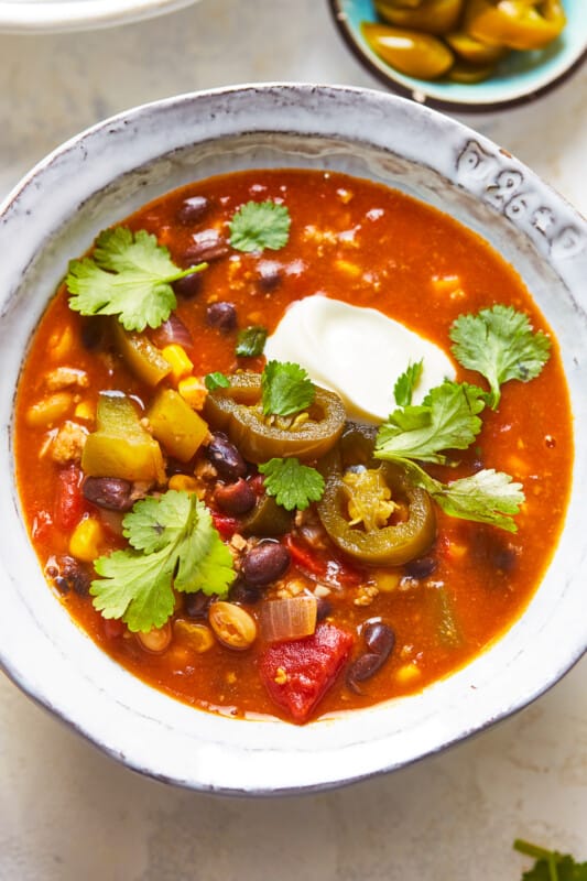 up close white bowl with turkey chili