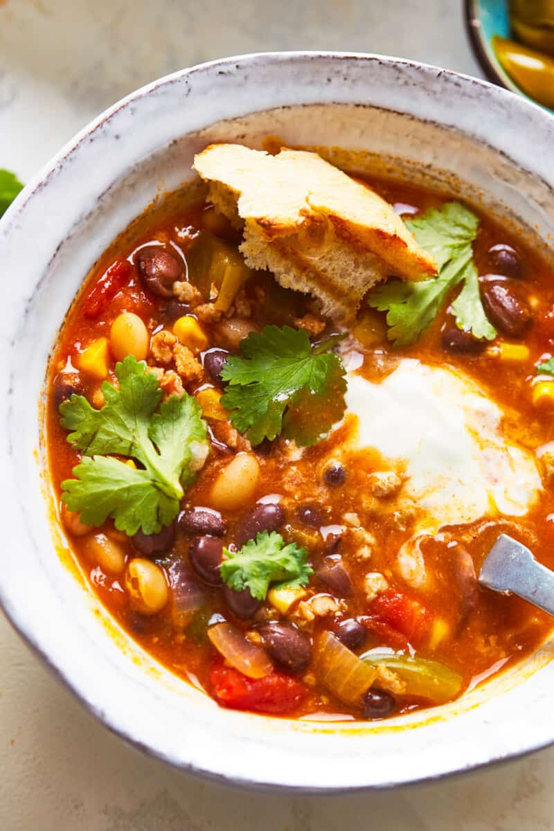 up close bowl of ground turkey chili