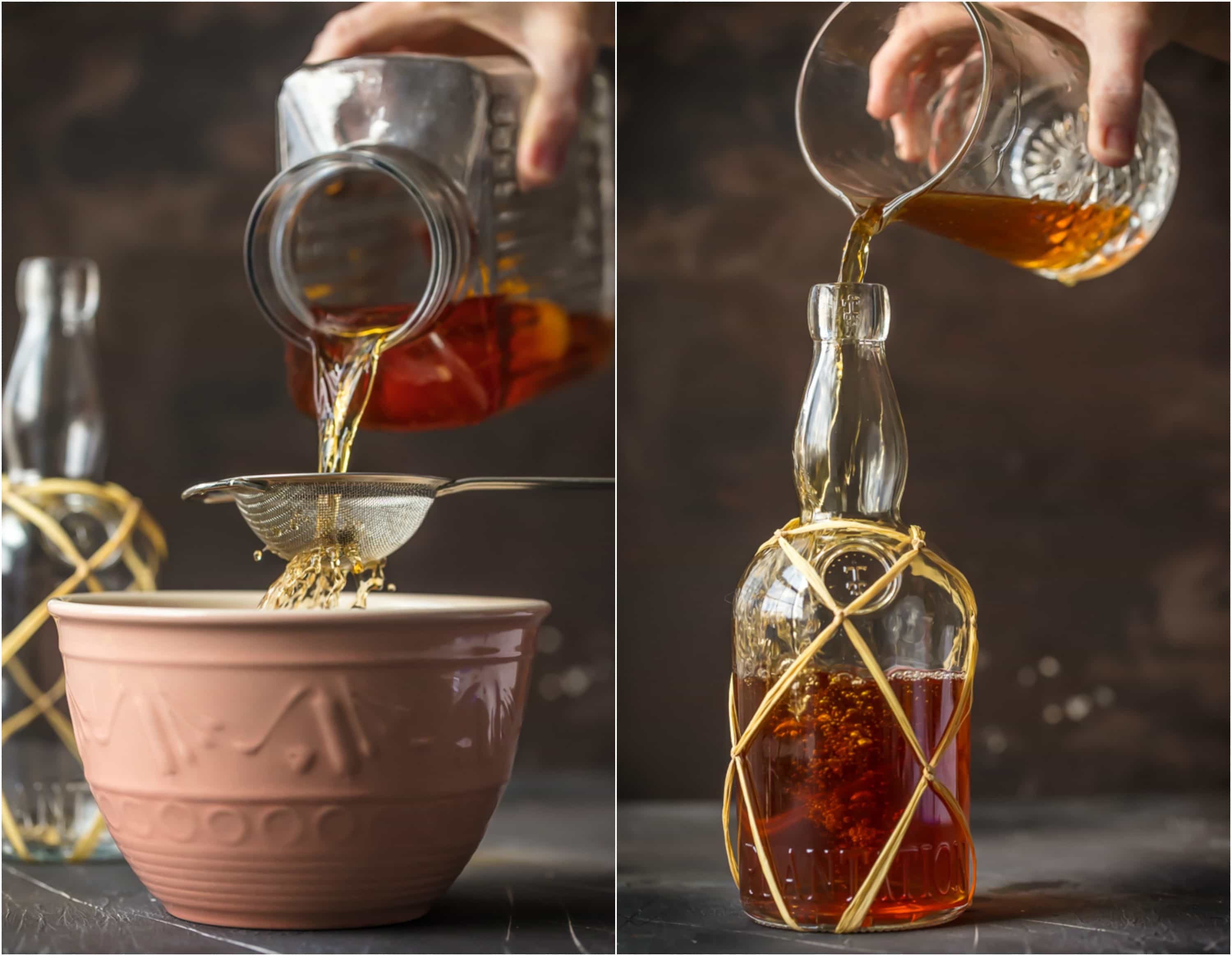 pouring spiced rum through a strainer, and into a bottle