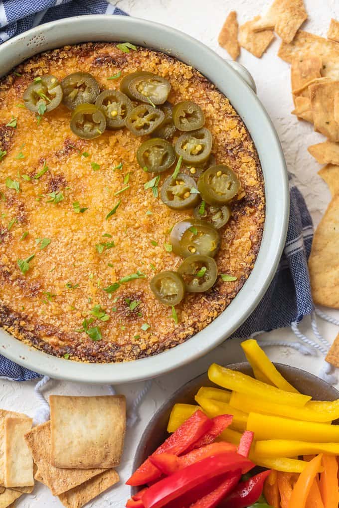 Hot Jalapeno Popper Dip topped with sliced jalapenos