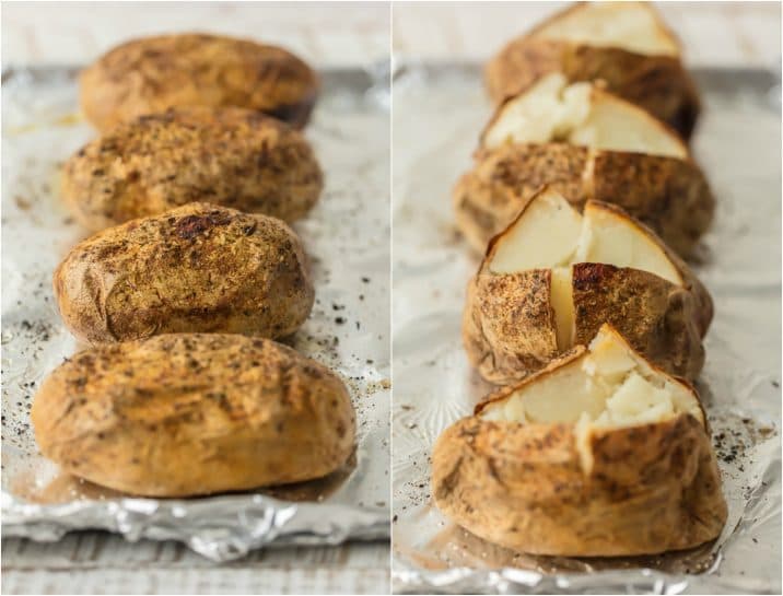 baking potatoes on a pan sliced open