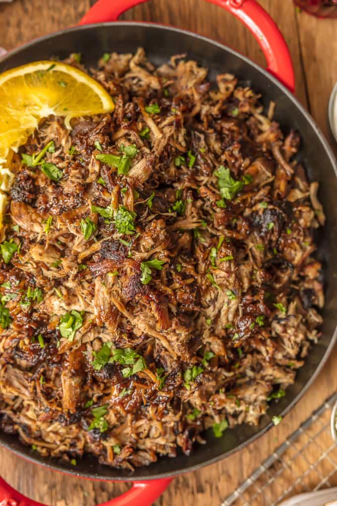 Pork carnitas in a skillet
