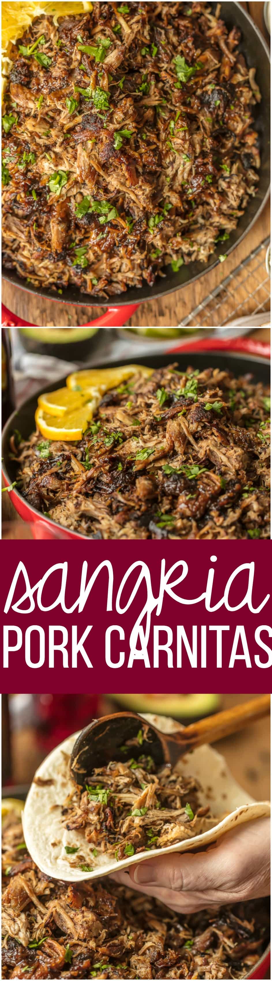 The amazing SANGRIA PORK CARNITAS are made in a slow cooker and finished in a skillet, making them crispy, juicy, and unique. The flavor is out of this world! Eat them on their own, over rice, on nachos, or as tacos! You can't go wrong, except for not trying this recipe.