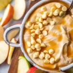 view of caramel apple dip with white chocolate chips