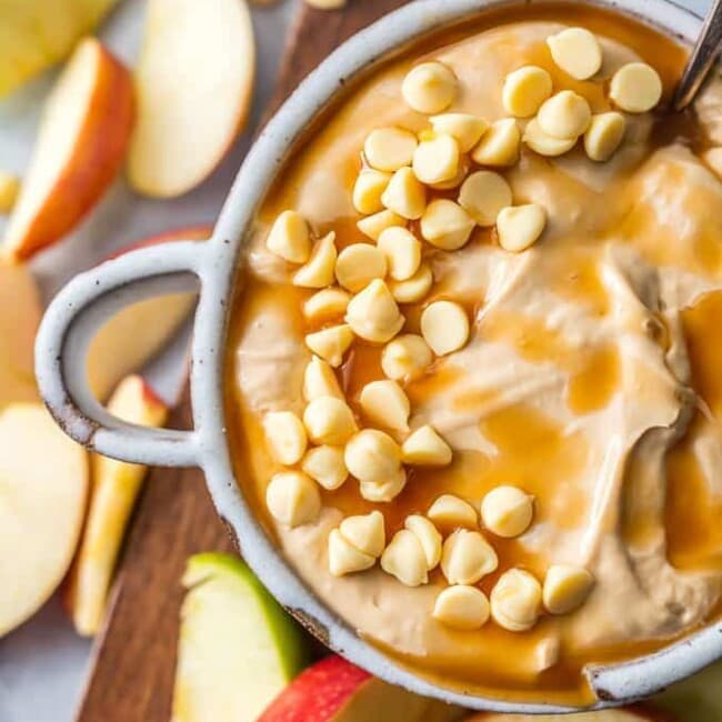 view of caramel apple dip with white chocolate chips