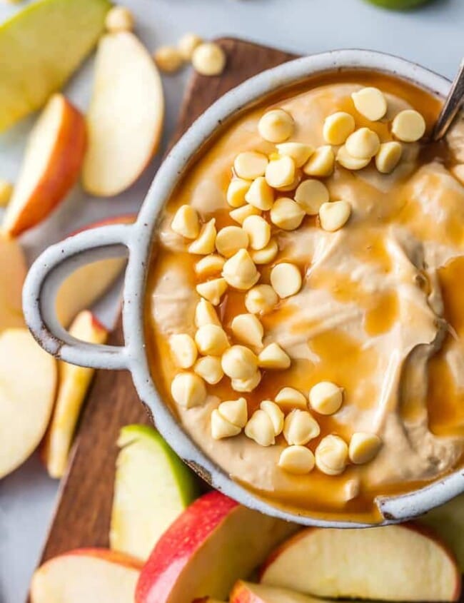 view of caramel apple dip with white chocolate chips