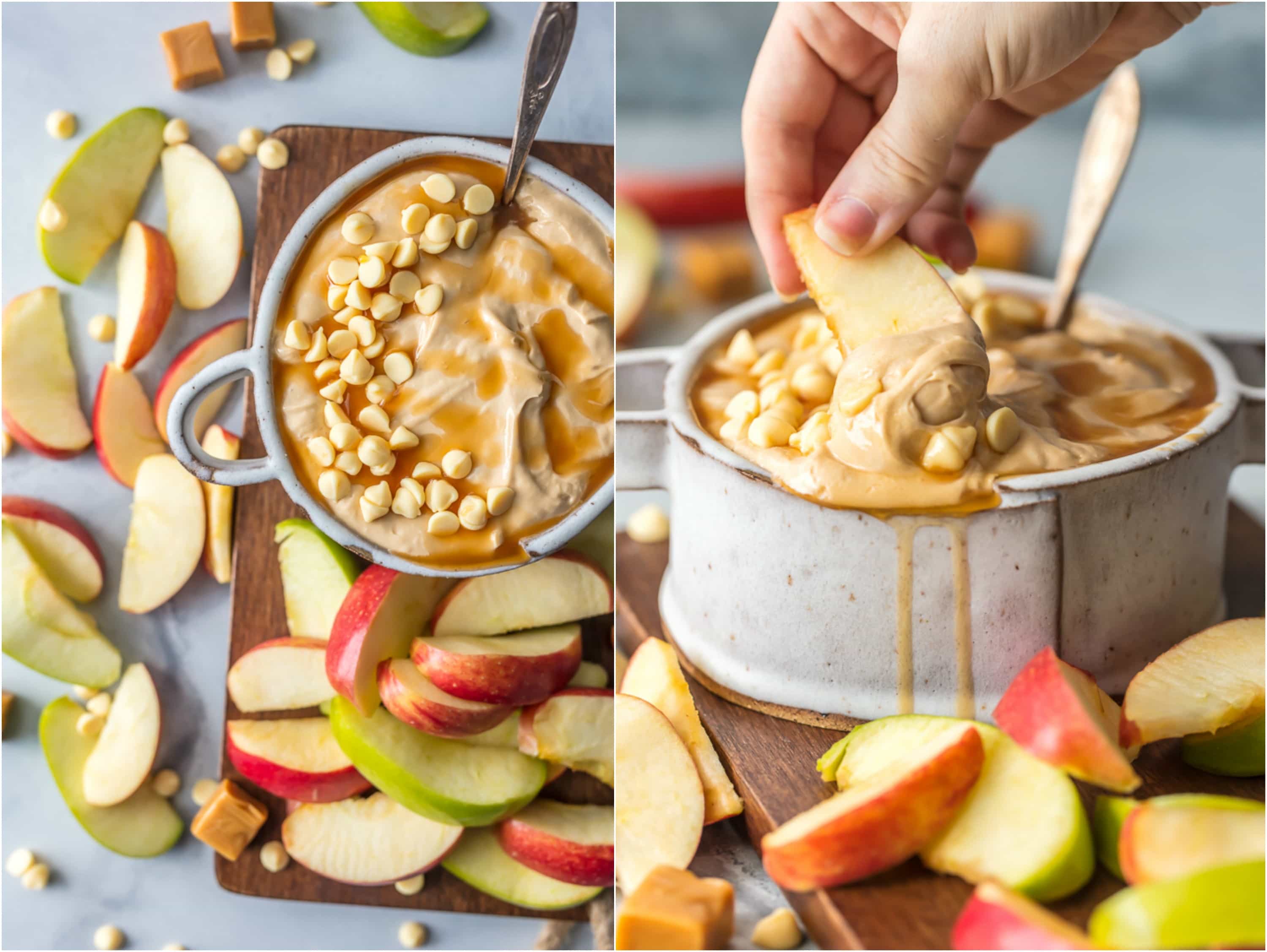 Every Fall party needs SKINNY CARAMEL APPLE DIP! This lightened up version of our favorite sweet snack is gone in minutes every time.