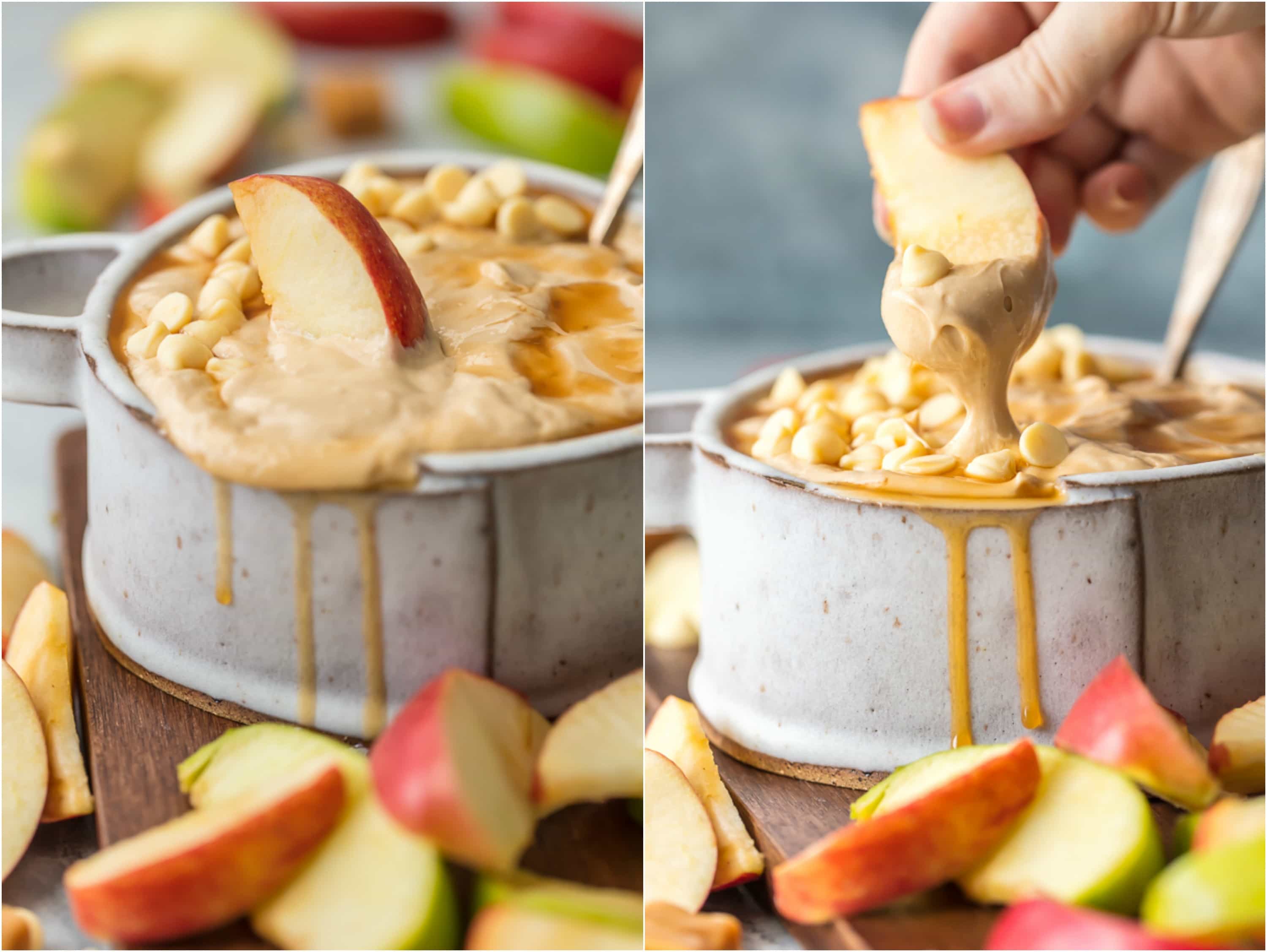 close up view of apples in dip