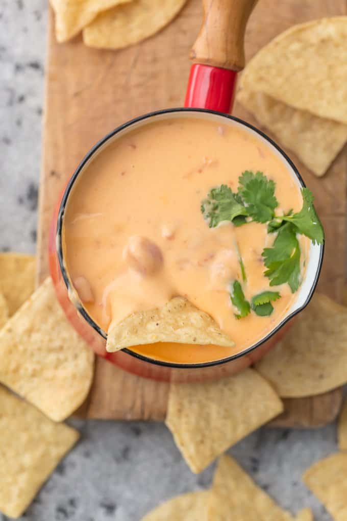Melted beer cheese dip with tortilla chips