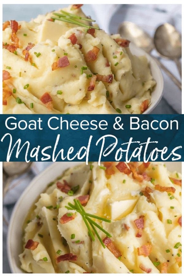 Cheesy Mashed Potatoes with Goat Cheese and Bacon belong on every holiday table! You need these Bacon & Goat Cheese Mashed Potatoes if you're about to entertain friends or family! Bacon Mashed Potatoes are the ultimate side dish. This Mashed Potatoes Recipe is so creamy, flavorful, and delicious. THE BEST cheesy mashed potatoes recipe!