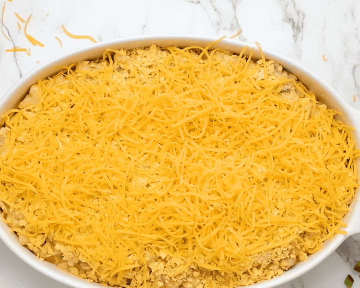 King Ranch chicken mac and cheese casserole ready for the oven.