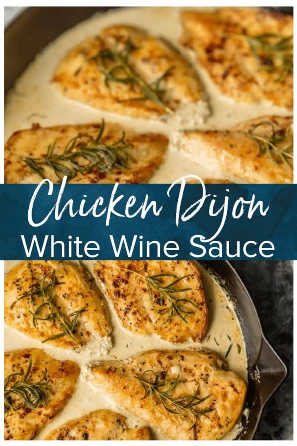 Chicken Dijon with White Wine Sauce is an easy ONE PAN meal with so much flavor! The Dijon Chicken in white win sauce is so juicy and moist and smothered in the most amazing sauce. Nothing is better than White Wine Chicken with Dijon. It's an awesome Date Night meal for any day of the week. Chicken Dijon for the win!