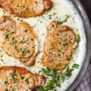 These CREAMY GARLIC PARMESAN PORK CHOPS are easy, made in ONE PAN, and so delicious. The ultimate comfort food!