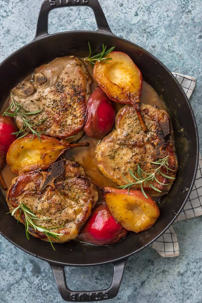 Honey Pork Chops with Pears and Bourbon in a skillet