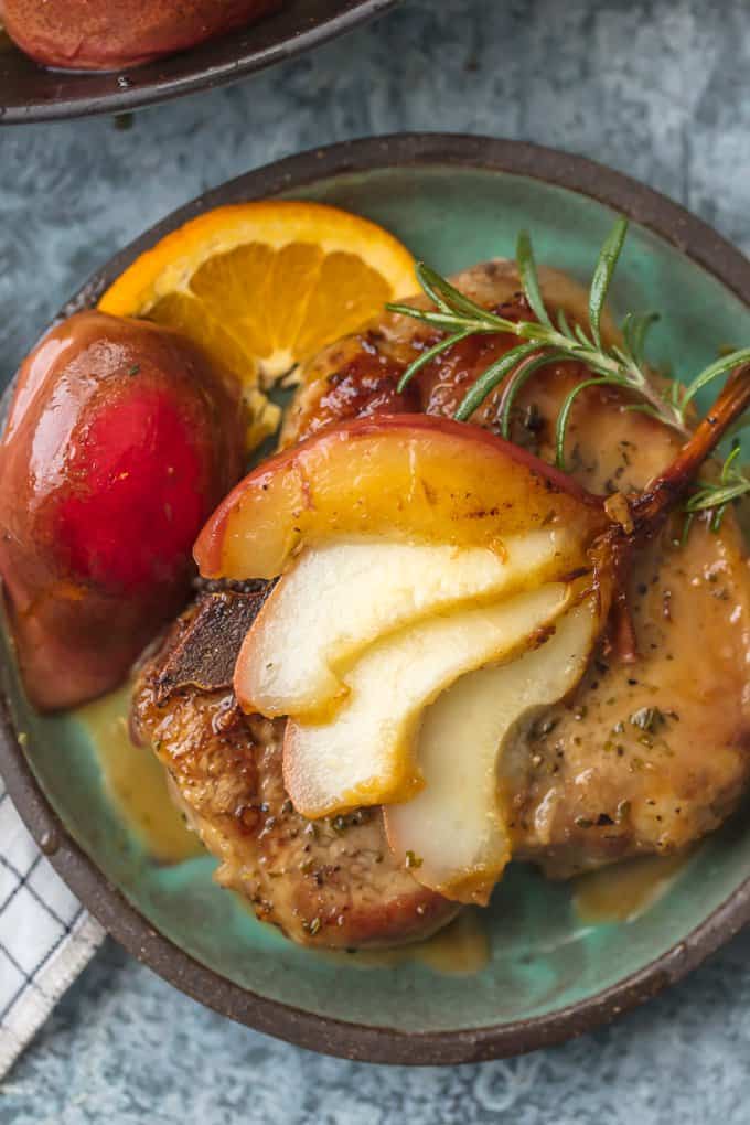 We are obsessed with these HONEY BOURBON PEAR PORK CHOPS! They are herb crusted and the perfect mix of savory and sweet. The best kind of Fall comfort food!