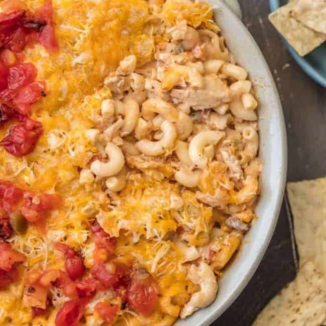 KING RANCH CHICKEN MAC AND CHEESE is a delicious twist on a classic. I wanted to make a fun King Ranch Chicken Recipe that's filled with all those amazing ingredients that I love. This Chicken Mac and Cheese Casserole is loaded with creamy cheese, spicy tomatoes, chunky chicken, and so much more. It will be a family favorite from the first time you make it. 