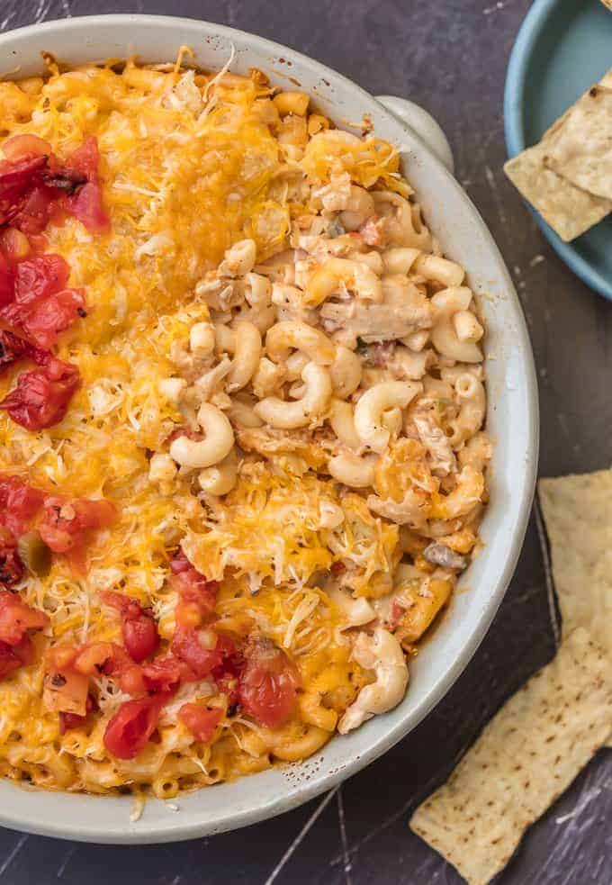 KING RANCH CHICKEN MAC AND CHEESE in a casserole dish