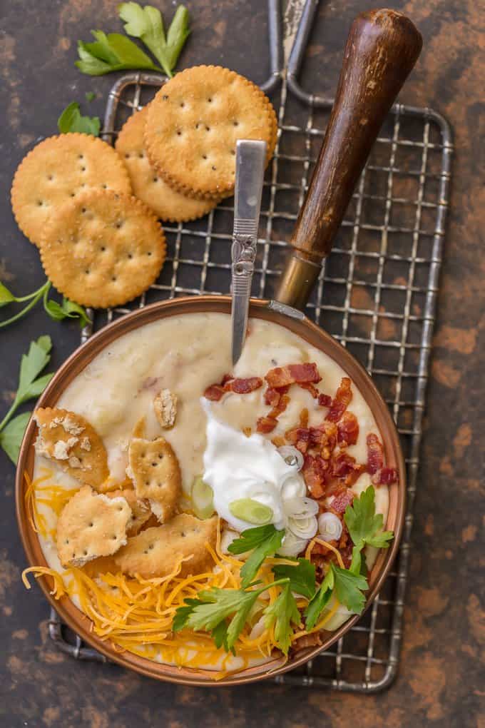 It doesn't get more comforting than LOADED BAKED POTATO SOUP. Creamy hearty soup loaded with bacon, potatoes, cheese, sour cream, and so much more. Warms the soul.