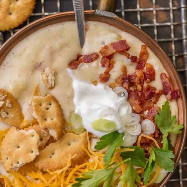 It doesn't get more comforting than LOADED BAKED POTATO SOUP. Creamy hearty soup loaded with bacon, potatoes, cheese, sour cream, and so much more. Warms the soul.